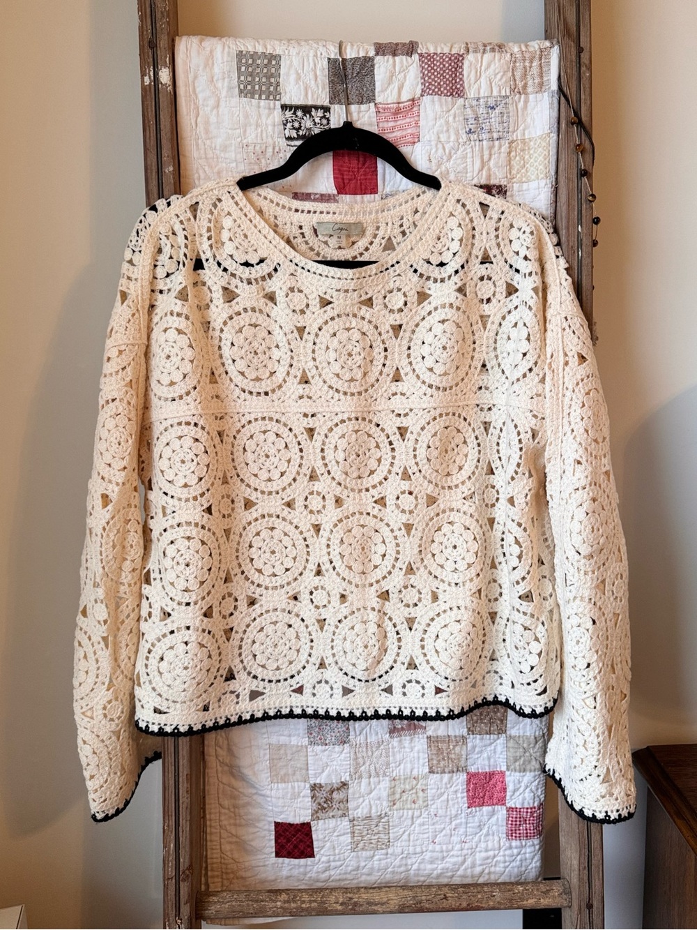 Cream Crochet Lace Pullover Top with Subtle Trim - Women's Blouse